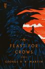 Text: "A Feast for Crows, George R.R. Martin". Illustration: Große Krähe, Silhouette einer Person mit Schwert vor rotem Himmel.