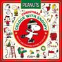 "CHRISTMAS COLOUR WITH SNOOPY" steht in einem Kreis. Darum bunte, fröhliche Szenen mit Snoopy und Peanuts-Figuren.