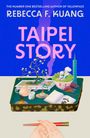 Text: "Rebecca F. Kuang, Taipei Story." Ein Tablett mit Bonsai, Tee, Büchlein und Essstäbchen vor blauem Hintergrund.
