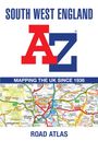 Text: "SOUTH WEST ENGLAND, MAPPING THE UK SINCE 1936, ROAD ATLAS." Großer A-Z Schriftzug und darunter eine bunte Straßenkarte.