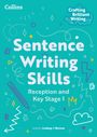 „Sentence Writing Skills: Reception and Key Stage 1“ in weißem Text auf türkisfarbenem Hintergrund. Verspielte Zeichnungen.