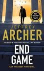 "Jeffrey Archer: End Game. May the best man win. 300 million copies sold." Ein Mann vor Säulen im Sonnenuntergang.
