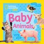 Text: "National Geographic Kids", "Baby Animals". Ein Kätzchen, ein Ferkel, ein Lamm und ein Küken auf farbigem Hintergrund.
