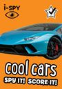 "i-SPY," "cool cars," "SPY IT! SCORE IT!" Ein blaues Auto mit auffälligen Felgen auf orangem Hintergrund. Auge und Stern-Symbol.