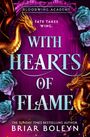 „Bloodwing Academy: Fate Takes Wing. With Hearts of Flame“. Zwei goldene Drachen und blaue Rosen zieren ein lila Hintergrund.
