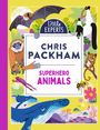 Titel: "Superhero Animals" von Chris Packham, Teil der "Little Experts" Serie. Umgeben von bunten Tierillustrationen.