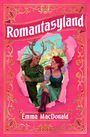 "Romantasyland" oben und "Emma MacDonald" unten in einem rosa, blumigen Rahmen. Zwei Figuren: ein Mann mit Geweih und eine Frau mit roten Haaren.
