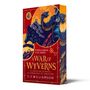„Rebellion happens in the shadows“; „A War of Wyverns“; Drachenillustration auf rotem Hintergrund.