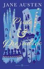 "Jane Austen, Pride & Prejudice." Illustration: blaue Handschuhe mit Silhouetten von Menschen und Gebäuden, gelbe Verzierungen.