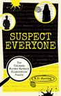 "Suspect Everyone" steht in gelber Schrift. Zwei Silhouetten und Fingerabdrücke in gelben Kreisen. Lupe zeigt auf Text.