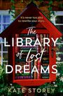 Text: "It's never too late to rewrite your story... The Library of Lost Dreams. Kate Storey." 
Ein rotes Mini-Bücherregal im Garten.