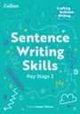 „Sentence Writing Skills, Key Stage 2“. Verspielte Illustrationen mit Stiften und Wolken auf türkisfarbenem Hintergrund.