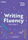 "Writing Fluency", "Key Stage 2", umgeben von bunten Kritzeleien auf lila Hintergrund.