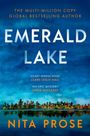 Text: "Emerald Lake" von Nita Prose. Aussage: "Heart-wrenching" - Clare Leslie Hall; "An epic mystery" - Chris Whitaker. Illustration: Ein See bei Sonnenuntergang.