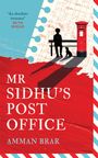 "MR SIDHU'S POST OFFICE, AMMAN BRAR." Silhouette eines Mannes und Hundes, roter Briefkasten, Hintergrund Zahlen und Streifen.