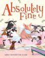 "Absolutely Fine" oben, darunter Tiere in Kleidung auf einem Sofa, eine Kuh, ein Schwein und eine Ziege mit einer Tasse.