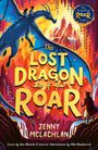 „The Lost Dragon of Roar. Jenny McLachlan.“ Illustration mit zwei Personen auf einem großen blauen Drachen vor farbigem Fantasy-Hintergrund.