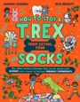 „How to Stop a T.Rex from Eating Your Socks“. Bunte Illustration mit Kindern, Dinosaurier und Wissenschaftsobjekten auf orangem Hintergrund.