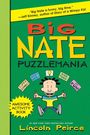 „BIG NATE PUZZLEMANIA“ in großen Buchstaben. Cartoon Junge hält Bleistifte, umgeben von Wörtern wie „GOOFY GAMES“.