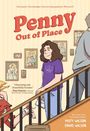 Titel: "Penny Out of Place". Ein Mädchen auf einer Treppe umgeben von Familienporträts.