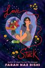 "Love Stuck" von Farah Naz Rishi. Illustration: Eine nachdenkliche Person sitzt in einem Herz, umgeben von Blumen.