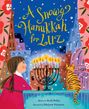 Text: "A Snowy Hanukkah for Luz". Illustration einer Stadt mit Schnee, einem Mädchen, einem Kandelaber und einer Katze.