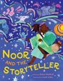 "Noor and the Storyteller" in gelber Schrift. Farbenfrohe Illustration mit Menschen, Mustern und Sternen auf blauem Hintergrund.