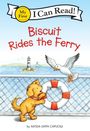 „Biscuit Rides the Ferry“ ist ein Kinderbuchcover mit einem Hund und einer Möwe auf einer Fähre.