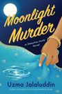 „Moonlight Murder“, ein Detective Aunty Roman. Hand hebt blaues Tuch, voller Mond, spiralförmige Muster auf Wasser.