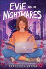"Evie and Her Nightmares", ein Mädchen mit Laptop, rosa und violette Stadtlandschaft, Schriftzug "Coffee Happens" auf Laptop.