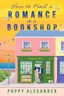 „How to Find a Romance in a Bookshop“, farbenfrohe Illustration einer Buchhandlung an der Küste mit einem Paar und Hund davor.