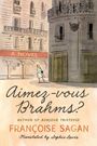 "Aimez-vous Brahms?" Illustration eines Pariser Straßencafés mit Frau im weißen Kleid, Text von Françoise Sagan.