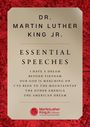"The Essential Speeches of Dr. Martin Luther King Jr." Ein Porträt von Dr. Martin Luther King Jr. vor rotem Hintergrund.