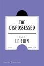 Titel: "The Dispossessed", Autor: Ursula K. Le Guin, Genre: Fiction, Veröffentlichung: 1974. Lila Hintergrund mit modernem Design.