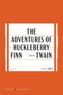 "The Adventures of Huckleberry Finn" von Mark Twain, veröffentlicht 1884. Rotes Cover, klassisches Design.