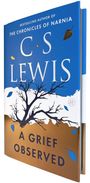 Text: „The Chronicles of Narnia“, „C S Lewis“, „A Grief Observed“. Illustration: Ein schwarzer Baum auf blauem und braunem Hintergrund.