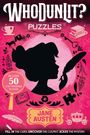 "WhoDunLit? Puzzles. Includes 50 cozy mysteries to solve. Jane Austen. Silhouette einer Frau mit Feder umgeben von Symbolen."