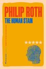 PHILIP ROTH, THE HUMAN STAIN, gelber Hintergrund, blaue Fingerabdruck-Silhouette, fünf weiße Sterne, MARINER CLASSICS.