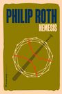 "PHILIP ROTH NEMESIS" in blauer und beiger Schrift. Illustration eines Baseballs mit Stacheldraht umwickelt.