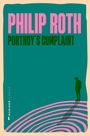 Text: "PHILIP ROTH, PORTNOY'S COMPLAINT". Illustration eines Mannes auf rosa Streifen vor grünem Hintergrund.