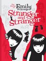 „Stranger and Stranger“, stilisierte Mädchen mit schwarzem Haar und Katzen, kontrastierende rote und weiße Bereiche.