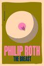 "Philip Roth, The Breast." Überdimensionales Brustmotiv, pop-art Stil mit pinkem Text auf olivgrünem Hintergrund.