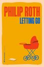 "PHILIP ROTH" und "LETTING GO" in großen Buchstaben, darunter ein roter Kinderwagen auf gelbem Hintergrund.