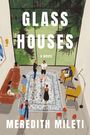 „GLASS HOUSES: A NOVEL, MEREDITH MILETI“. Illustration eines modernen Wohnzimmers mit großem Fenster und Menschen auf einem Teppich.