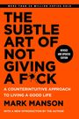 „The Subtle Art of Not Giving a F*ck“ von Mark Manson, schwarzer Text auf orangem Hintergrund mit einem Farbspritzer.