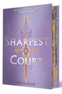 Text: "Sequel to the #1 New York Times bestseller THORN SEASON", "SHARPEST COURT", "KIERA AZAR".  
Ein lilafarbenes Buchcover mit einem dekorativen Schwert.
