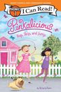 "Pinkalicious: Hop, Skip, and Jump" mit zwei fröhlichen Mädchen, die Seil springen vor einem rosafarbenen Haus. Ein Hund tollt herum.