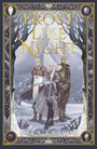 "FROST LIKE NIGHT" und "SARA RAASCH" stehen in goldener Schrift vor winterlicher Kulisse mit drei Figuren.