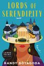 „Lords of Serendipity“, „Randy Boyagoda“, „Large Print Edition“. Frau mit Stadtlandschaft als Hut, blaue Umgebung.