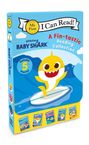 Text: "I Can Read!", "A Fin-tastic Reading Collection", "Includes 5 Stories!", "pinkfong BABY SHARK".  
Illustration: Gelber Babyhai auf Surfbrett im Meer.